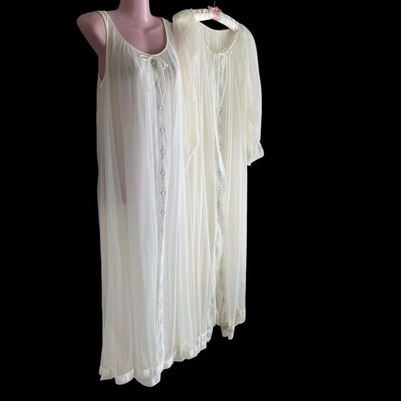 Vintage Miss Elaine Nightgown Robe Set Womens Medium White Sheer Lace Floral 70s - Picture 2 of 6
